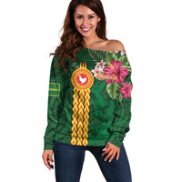 Personalised Manuʻa Islands Off Shoulder Sweater Polynesian Style with Rooster Tattoo and Tropical Plants LT03 Women Green - Polynesian Pride