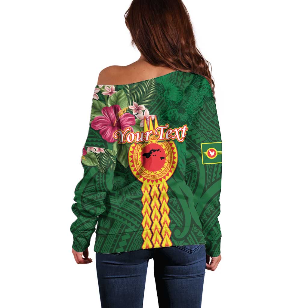 Personalised Manuʻa Islands Off Shoulder Sweater Polynesian Style with Rooster Tattoo and Tropical Plants LT03 - Polynesian Pride