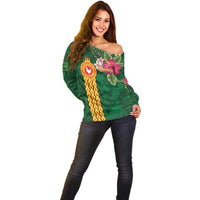 Personalised Manuʻa Islands Off Shoulder Sweater Polynesian Style with Rooster Tattoo and Tropical Plants LT03 - Polynesian Pride