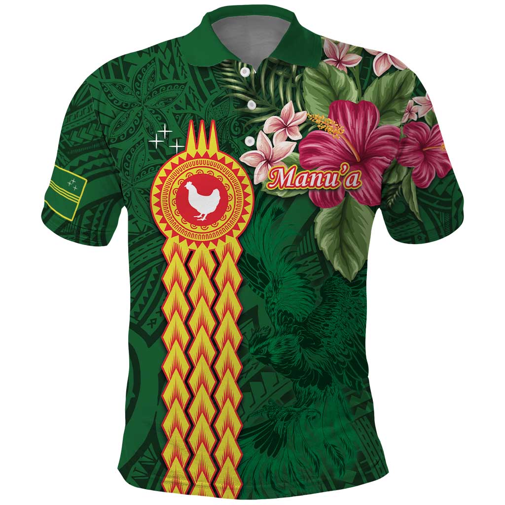Manuʻa Islands Polo Shirt Polynesian Style with Rooster Tattoo and Tropical Plants