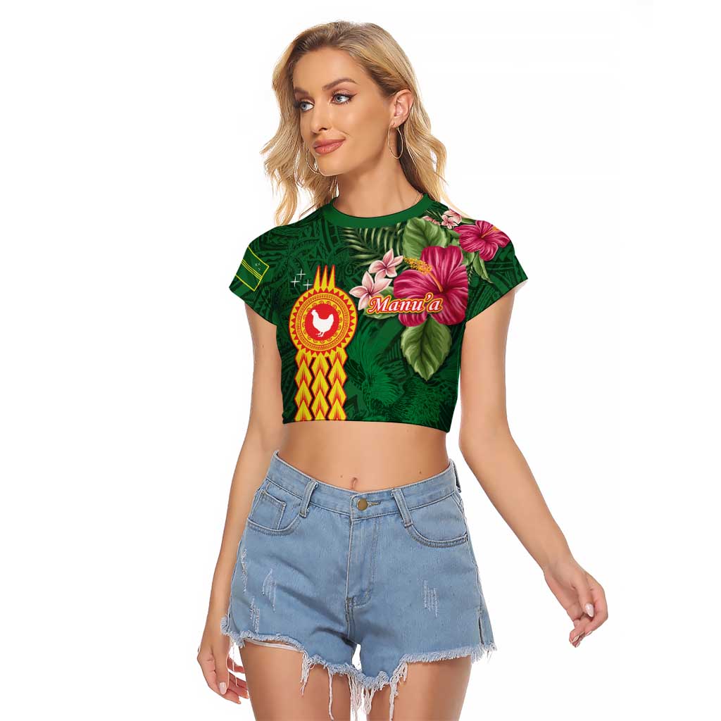 Manuʻa Islands Raglan Cropped T Shirt Polynesian Style with Rooster Tattoo and Tropical Plants