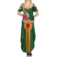 Manuʻa Islands Summer Maxi Dress Polynesian Style with Rooster Tattoo and Tropical Plants
