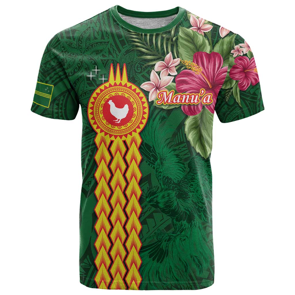 Manuʻa Islands T Shirt Polynesian Style with Rooster Tattoo and Tropical Plants