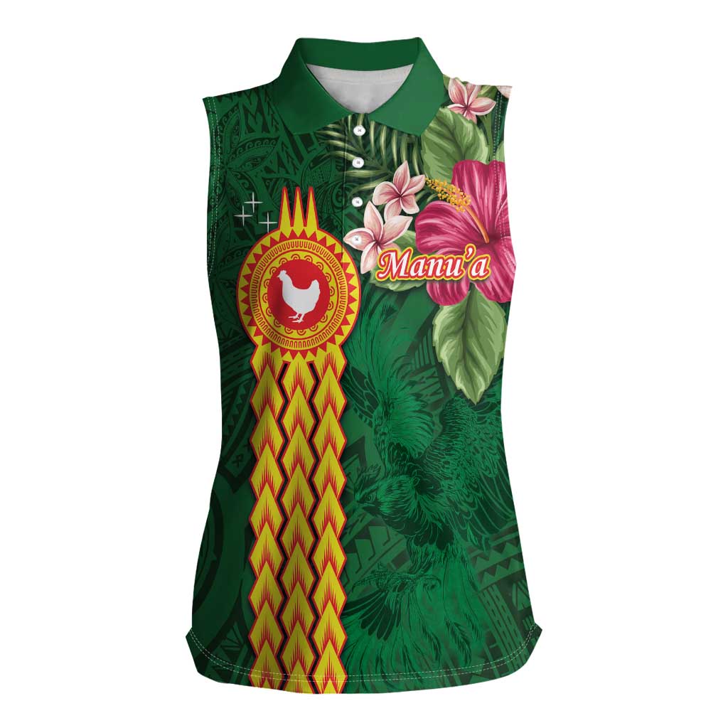 Manuʻa Islands Women Sleeveless Polo Shirt Polynesian Style with Rooster Tattoo and Tropical Plants
