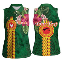 Manuʻa Islands Women Sleeveless Polo Shirt Polynesian Style with Rooster Tattoo and Tropical Plants