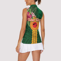 Manuʻa Islands Women Sleeveless Polo Shirt Polynesian Style with Rooster Tattoo and Tropical Plants