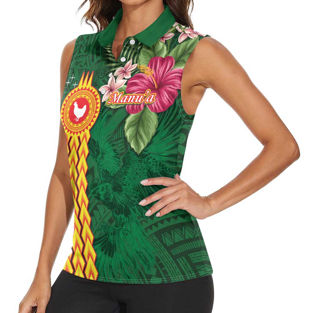 Manuʻa Islands Women Sleeveless Polo Shirt Polynesian Style with Rooster Tattoo and Tropical Plants