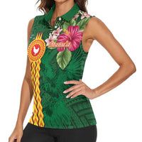 Manuʻa Islands Women Sleeveless Polo Shirt Polynesian Style with Rooster Tattoo and Tropical Plants