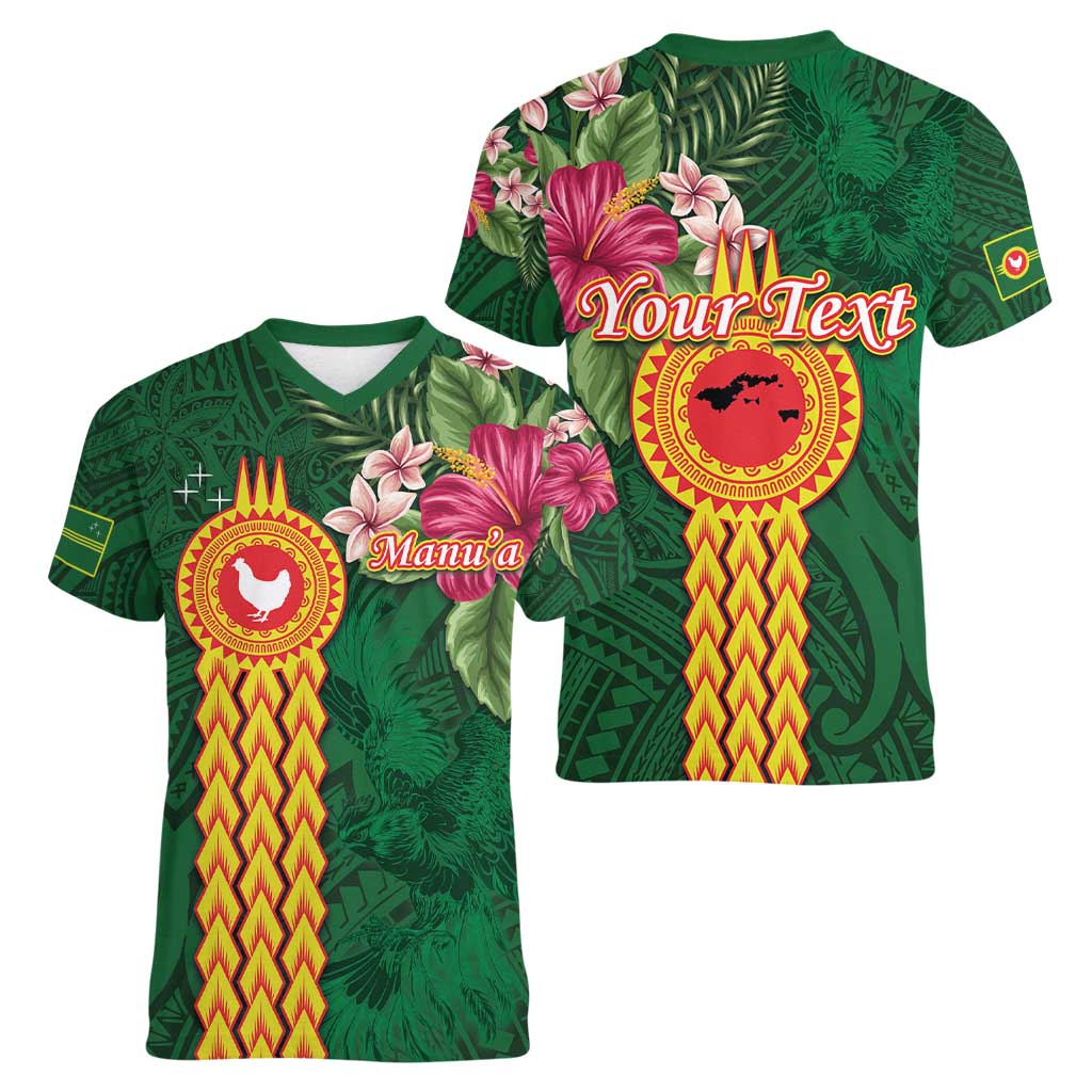 Manuʻa Islands Women V-Neck T-Shirt Polynesian Style with Rooster Tattoo and Tropical Plants