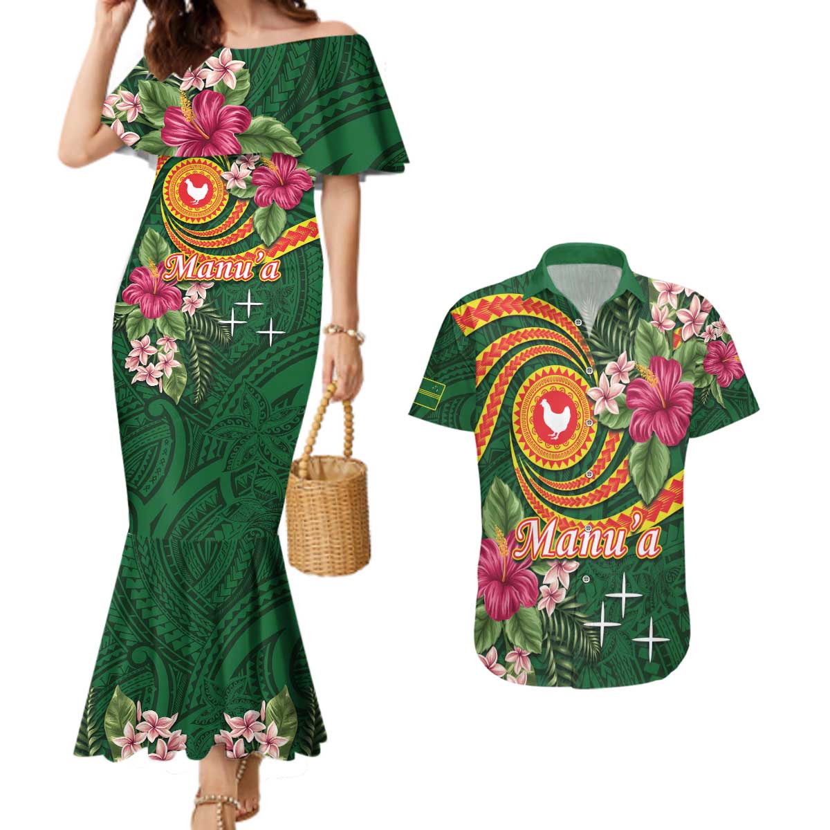 Personalised Manuʻa Islands Couples Matching Mermaid Dress and Hawaiian Shirt Polynesian Art Tattoo Style and Tropical Plants LT03 Green - Polynesian Pride