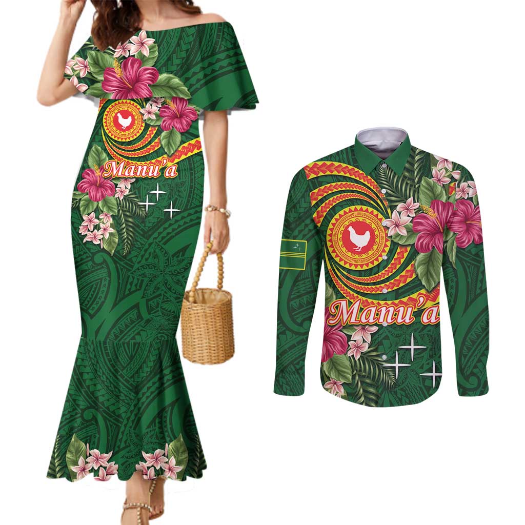Manuʻa Islands Couples Matching Mermaid Dress and Long Sleeve Button Shirt Polynesian Art Tattoo Style and Tropical Plants