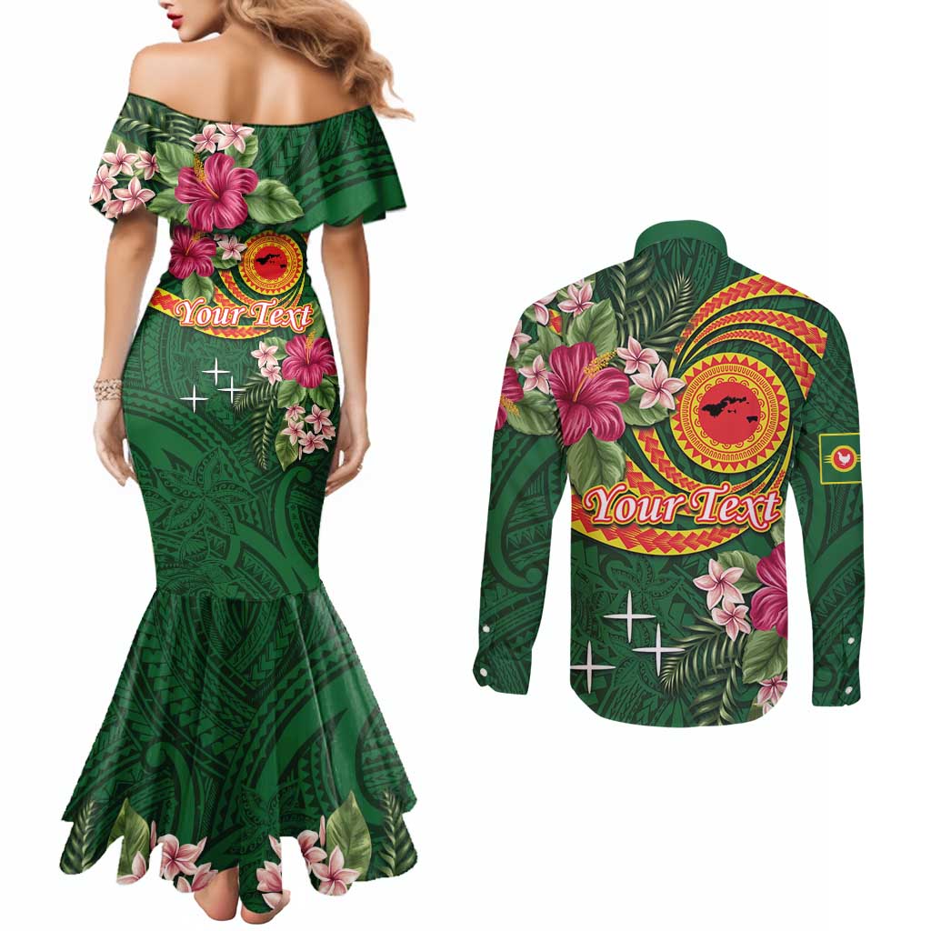 Manuʻa Islands Couples Matching Mermaid Dress and Long Sleeve Button Shirt Polynesian Art Tattoo Style and Tropical Plants