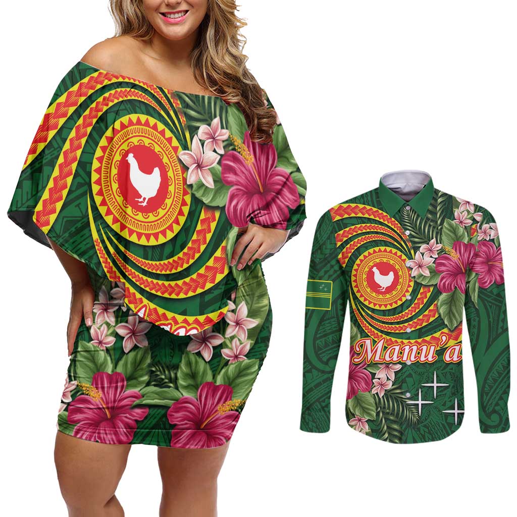 Manuʻa Islands Couples Matching Off Shoulder Short Dress and Long Sleeve Button Shirt Polynesian Art Tattoo Style and Tropical Plants