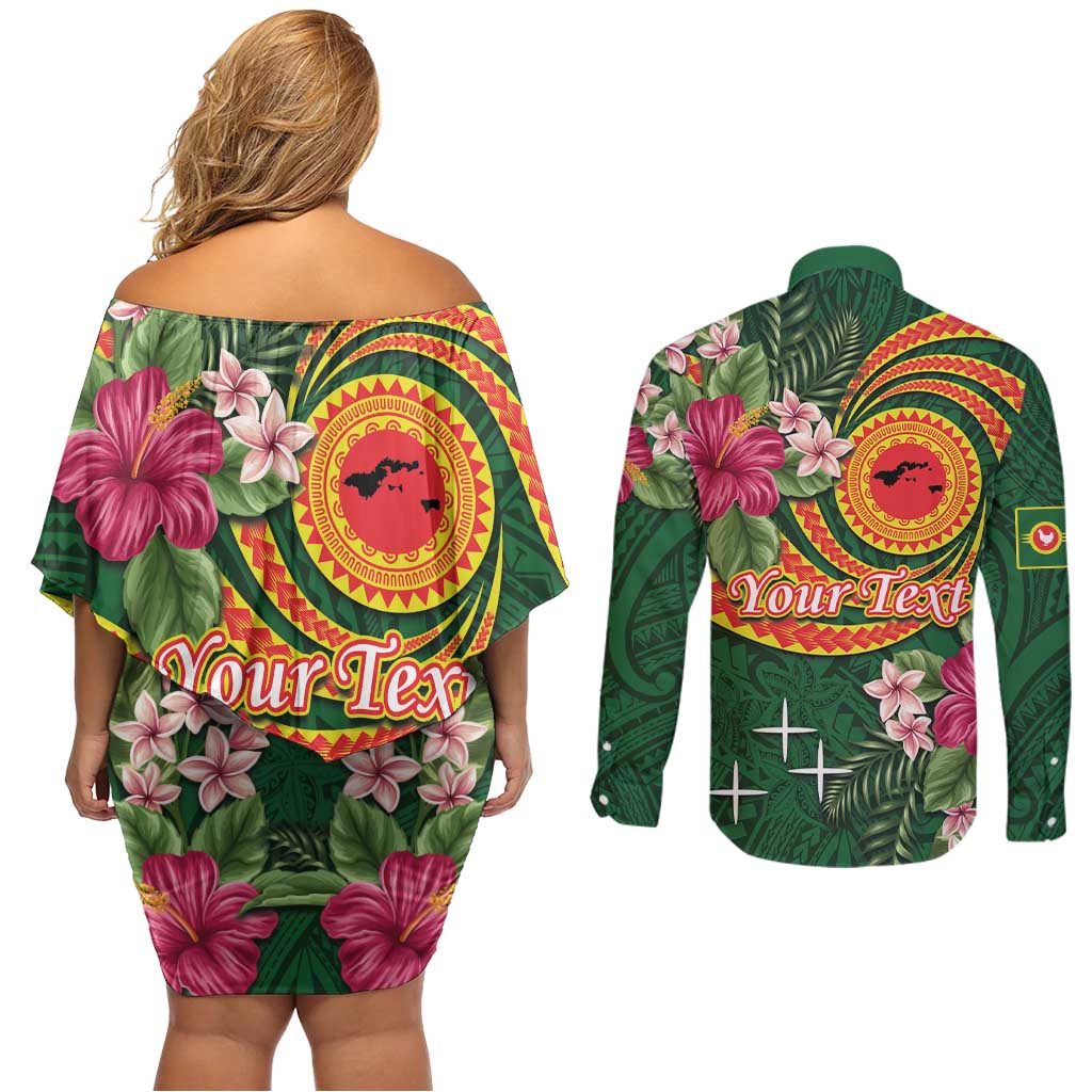 Manuʻa Islands Couples Matching Off Shoulder Short Dress and Long Sleeve Button Shirt Polynesian Art Tattoo Style and Tropical Plants