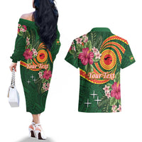 Personalised Manuʻa Islands Couples Matching Off The Shoulder Long Sleeve Dress and Hawaiian Shirt Polynesian Art Tattoo Style and Tropical Plants LT03 - Polynesian Pride