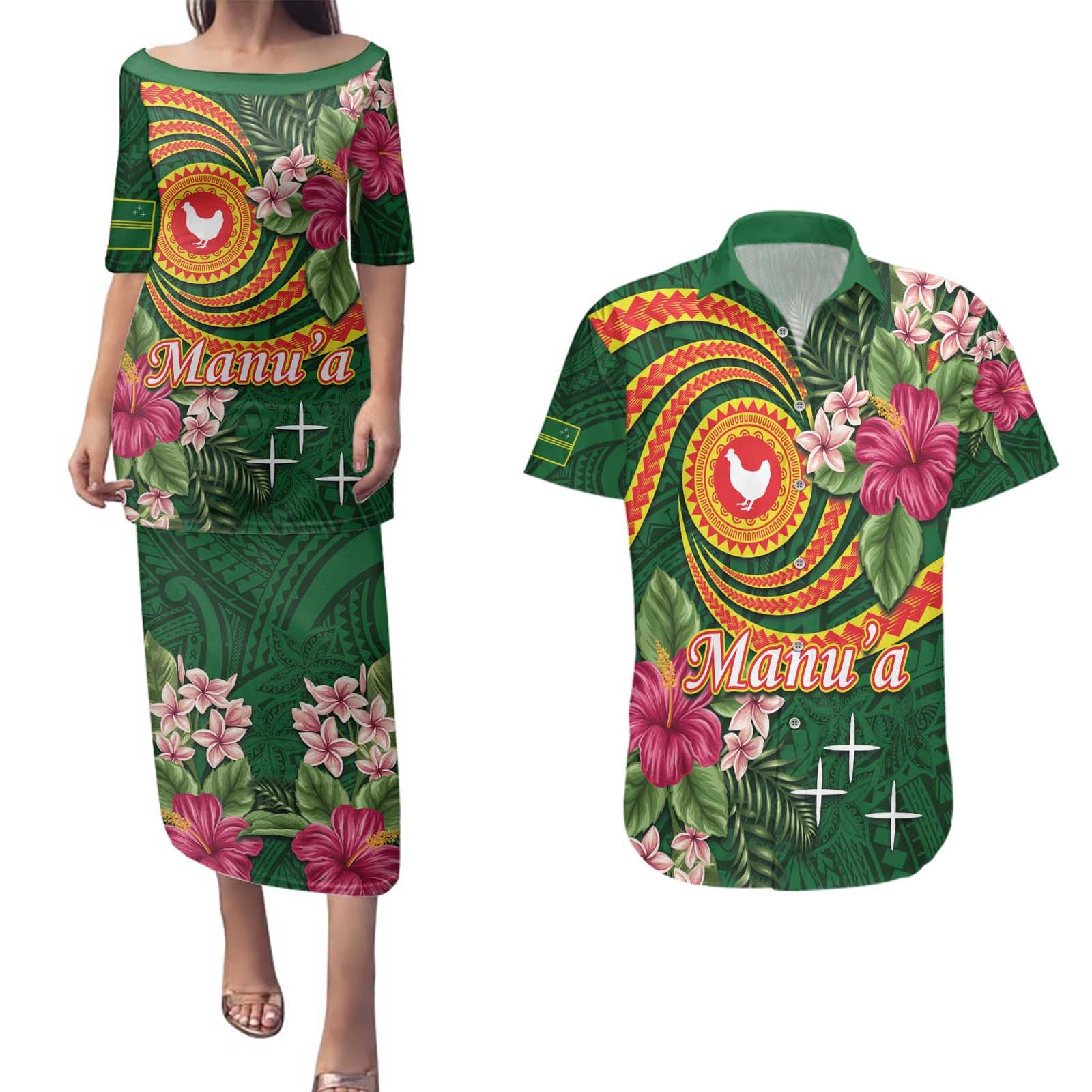 Manuʻa Islands Couples Matching Puletasi and Hawaiian Shirt Polynesian Art Tattoo Style and Tropical Plants