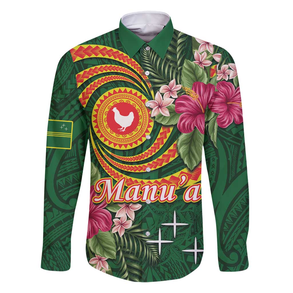 Personalised Manuʻa Islands Family Matching Long Sleeve Bodycon Dress and Hawaiian Shirt Polynesian Art Tattoo Style and Tropical Plants LT03 Dad's Shirt - Long Sleeve Green - Polynesian Pride