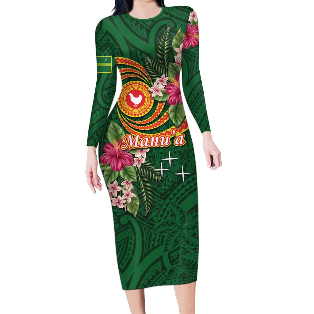 Personalised Manuʻa Islands Family Matching Long Sleeve Bodycon Dress and Hawaiian Shirt Polynesian Art Tattoo Style and Tropical Plants LT03 Mom's Dress Green - Polynesian Pride
