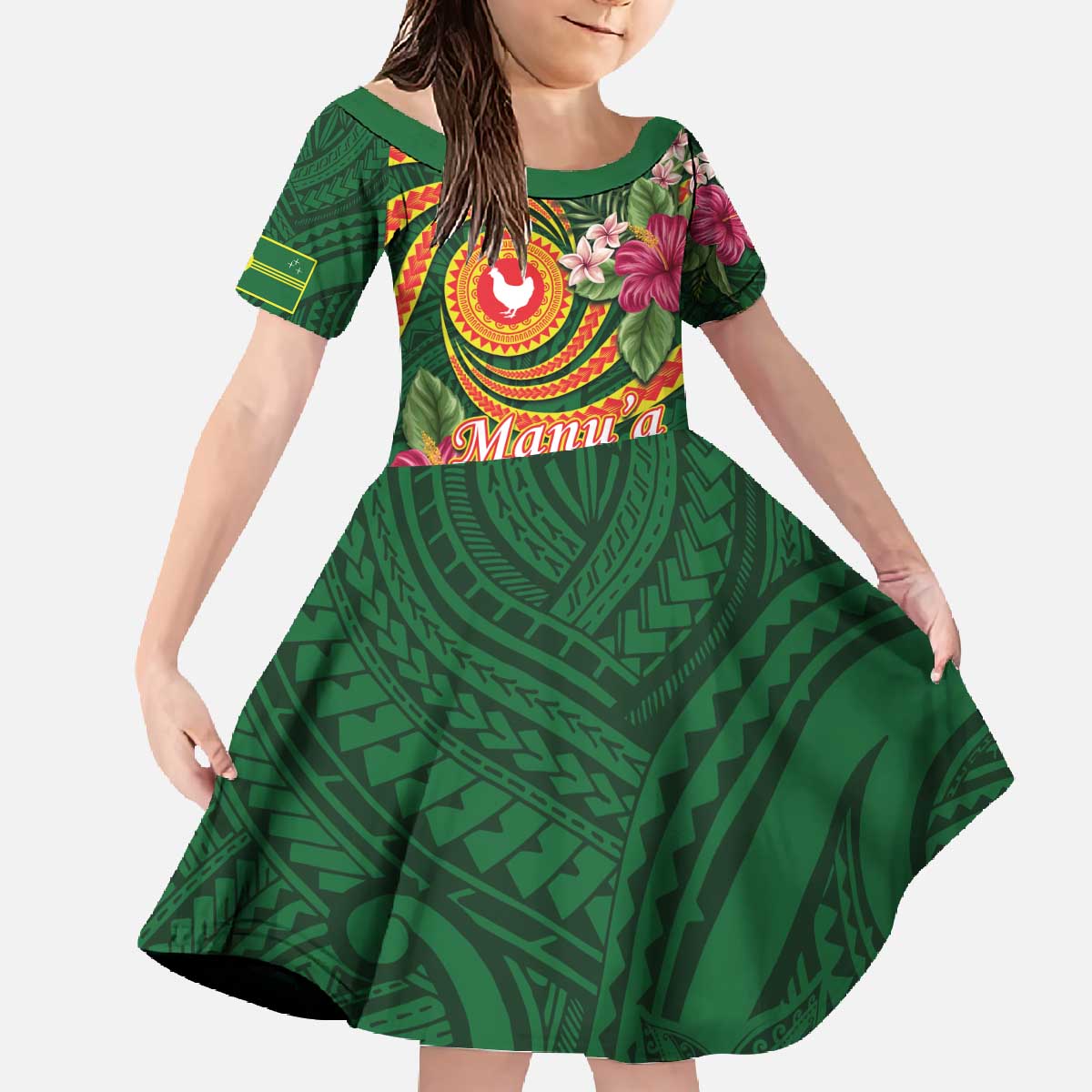 Personalised Manuʻa Islands Family Matching Off The Shoulder Long Sleeve Dress and Hawaiian Shirt Polynesian Art Tattoo Style and Tropical Plants LT03 Daughter's Dress Green - Polynesian Pride