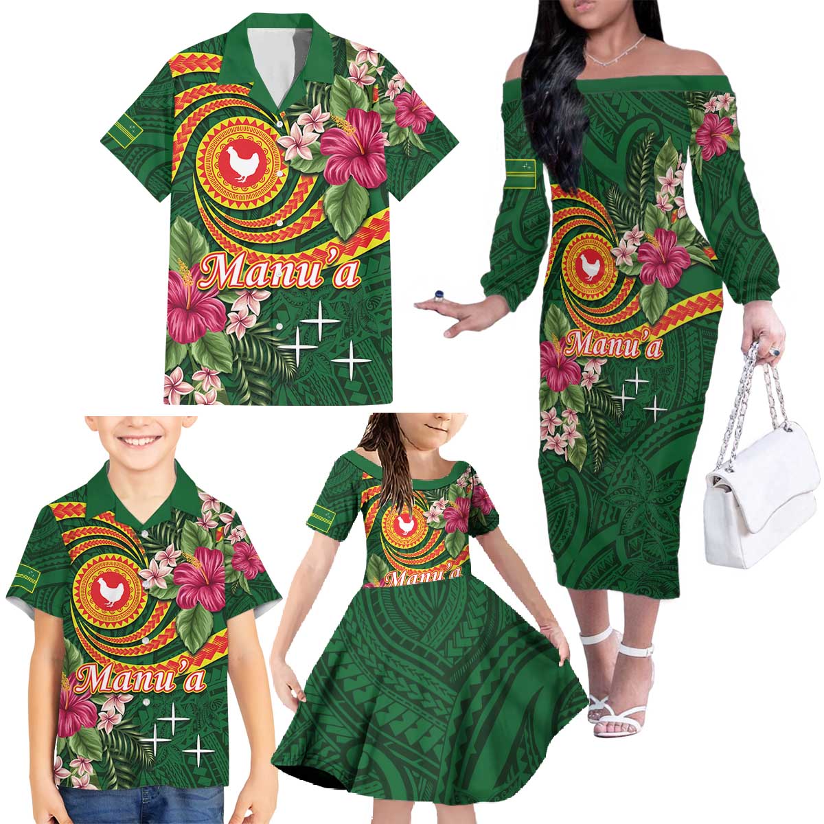 Personalised Manuʻa Islands Family Matching Off The Shoulder Long Sleeve Dress and Hawaiian Shirt Polynesian Art Tattoo Style and Tropical Plants LT03 - Polynesian Pride