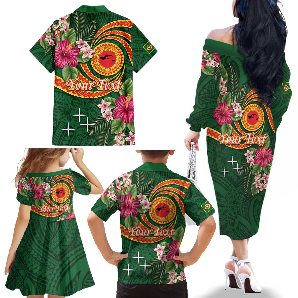 Personalised Manuʻa Islands Family Matching Off The Shoulder Long Sleeve Dress and Hawaiian Shirt Polynesian Art Tattoo Style and Tropical Plants LT03 - Polynesian Pride