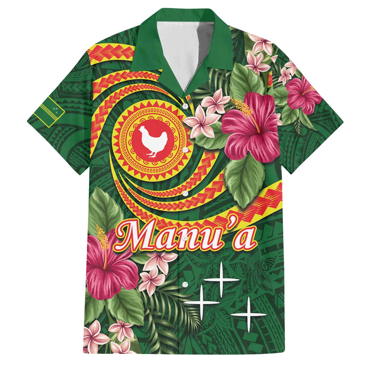 Personalised Manuʻa Islands Family Matching Off The Shoulder Long Sleeve Dress and Hawaiian Shirt Polynesian Art Tattoo Style and Tropical Plants LT03 Dad's Shirt - Short Sleeve Green - Polynesian Pride