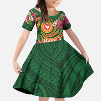 Personalised Manuʻa Islands Family Matching Off Shoulder Maxi Dress and Hawaiian Shirt Polynesian Art Tattoo Style and Tropical Plants LT03 Daughter's Dress Green - Polynesian Pride