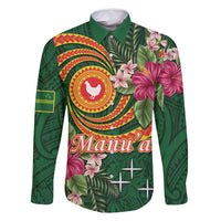 Personalised Manuʻa Islands Family Matching Off Shoulder Maxi Dress and Hawaiian Shirt Polynesian Art Tattoo Style and Tropical Plants LT03 Dad's Shirt - Long Sleeve Green - Polynesian Pride