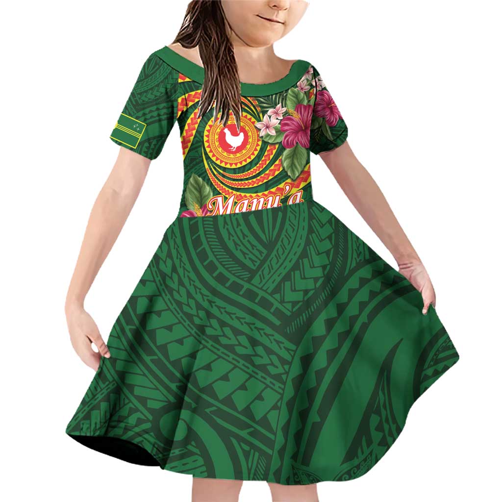 Personalised Manuʻa Islands Family Matching Off Shoulder Short Dress and Hawaiian Shirt Polynesian Art Tattoo Style and Tropical Plants LT03 Daughter's Dress Green - Polynesian Pride