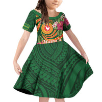 Personalised Manuʻa Islands Family Matching Off Shoulder Short Dress and Hawaiian Shirt Polynesian Art Tattoo Style and Tropical Plants LT03 Daughter's Dress Green - Polynesian Pride