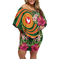 Personalised Manuʻa Islands Family Matching Off Shoulder Short Dress and Hawaiian Shirt Polynesian Art Tattoo Style and Tropical Plants LT03 Mom's Dress Green - Polynesian Pride