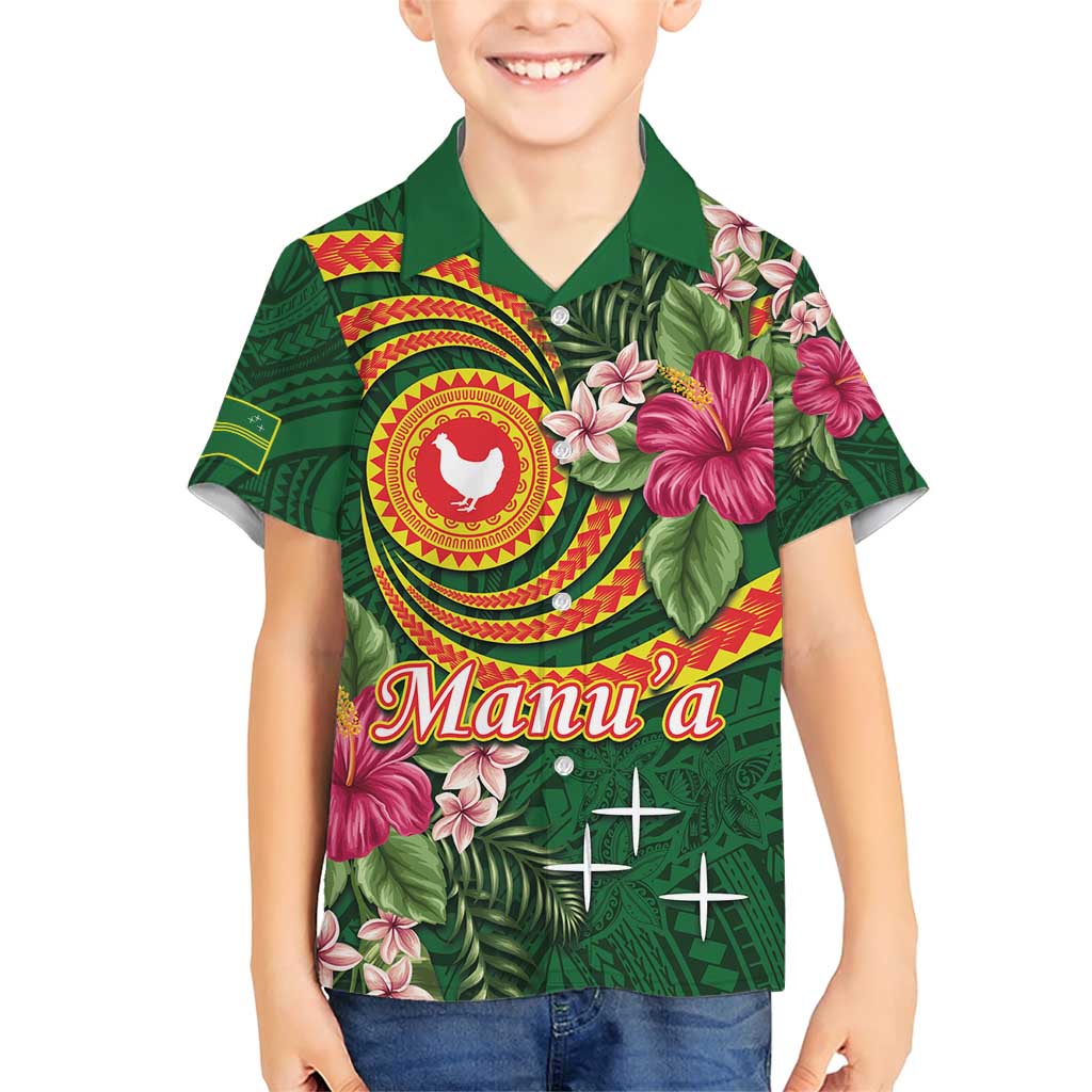 Personalised Manuʻa Islands Family Matching Short Sleeve Bodycon Dress and Hawaiian Shirt Polynesian Art Tattoo Style and Tropical Plants LT03 Son's Shirt Green - Polynesian Pride