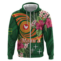Personalised Manuʻa Islands Hoodie Polynesian Art Tattoo Style and Tropical Plants LT03 Zip Hoodie Green - Polynesian Pride