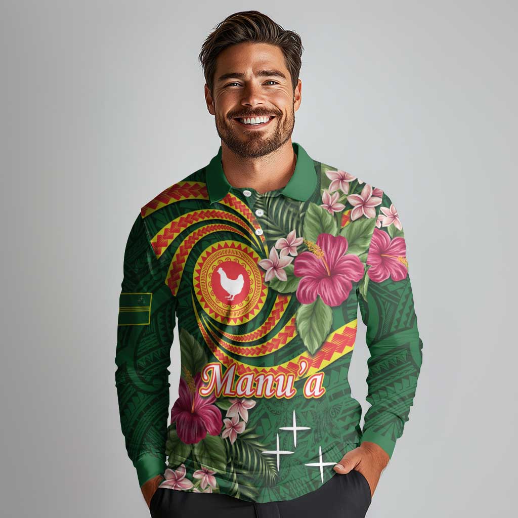 Manuʻa Islands Long Sleeve Polo Shirt Polynesian Art Tattoo Style and Tropical Plants