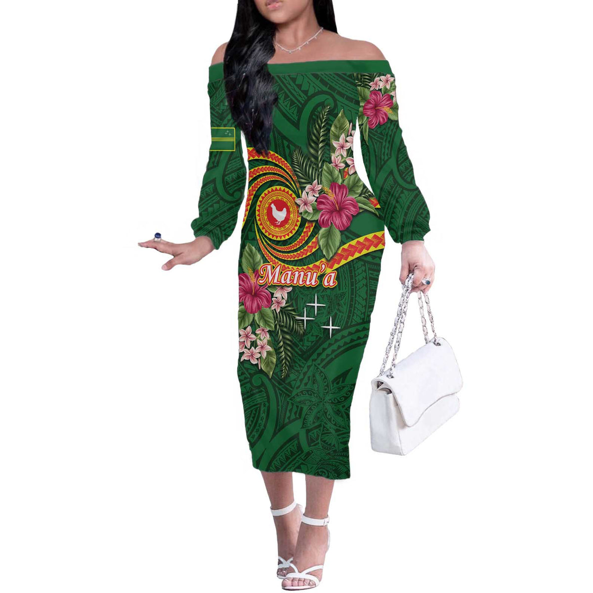 Manuʻa Islands Off The Shoulder Long Sleeve Dress Polynesian Art Tattoo Style and Tropical Plants