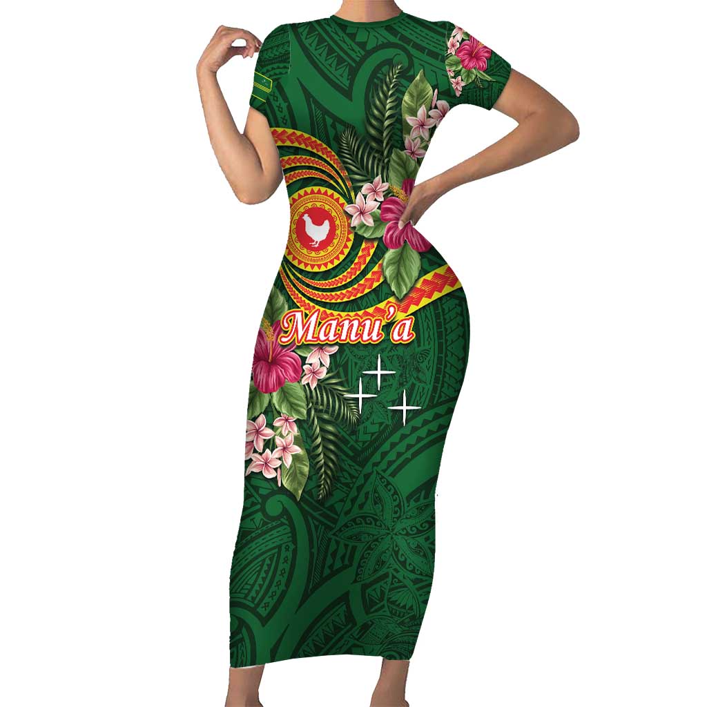 Manuʻa Islands Short Sleeve Bodycon Dress Polynesian Art Tattoo Style and Tropical Plants