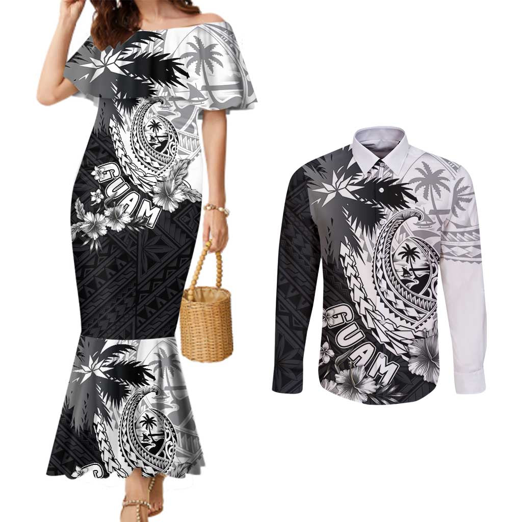 Hafa Adai Guam Couples Matching Mermaid Dress and Long Sleeve Button Shirt Polynesian Palm Tree Tattoo Hibiscus and Plumeria Art