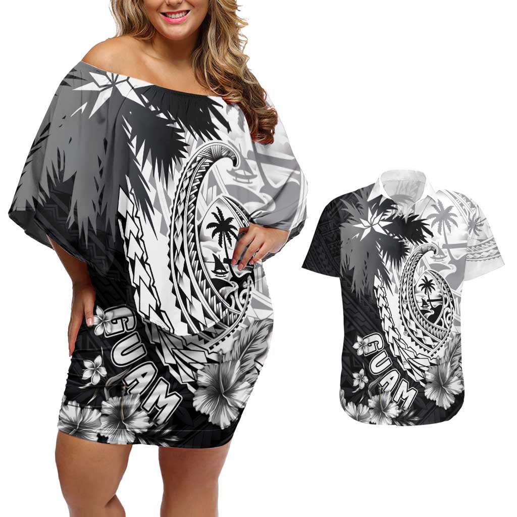 Hafa Adai Guam Couples Matching Off Shoulder Short Dress and Hawaiian Shirt Polynesian Palm Tree Tattoo Hibiscus and Plumeria Art LT03 Black - Polynesian Pride