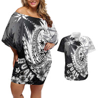 Hafa Adai Guam Couples Matching Off Shoulder Short Dress and Hawaiian Shirt Polynesian Palm Tree Tattoo Hibiscus and Plumeria Art LT03 Black - Polynesian Pride