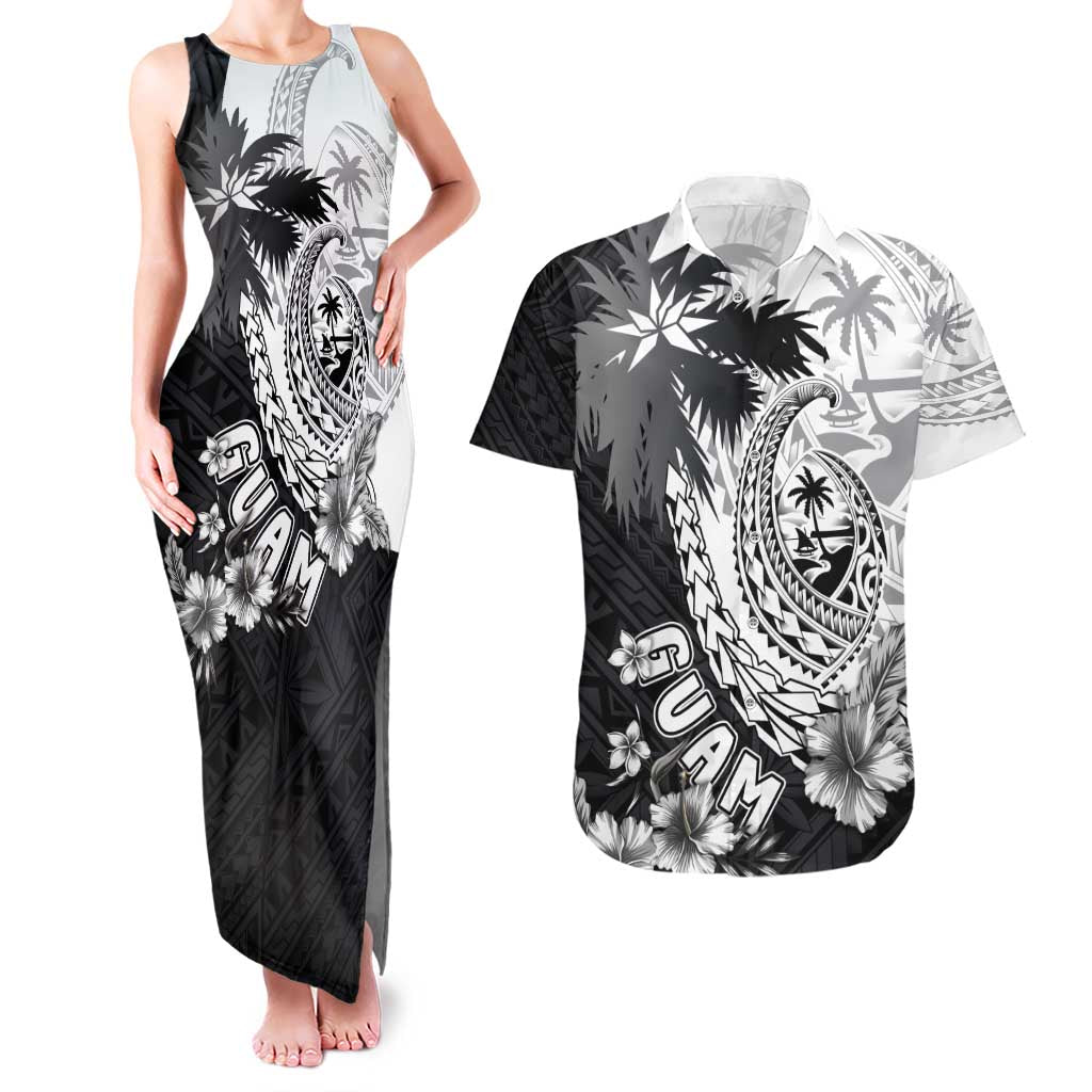 Hafa Adai Guam Couples Matching Tank Maxi Dress and Hawaiian Shirt Polynesian Palm Tree Tattoo Hibiscus and Plumeria Art