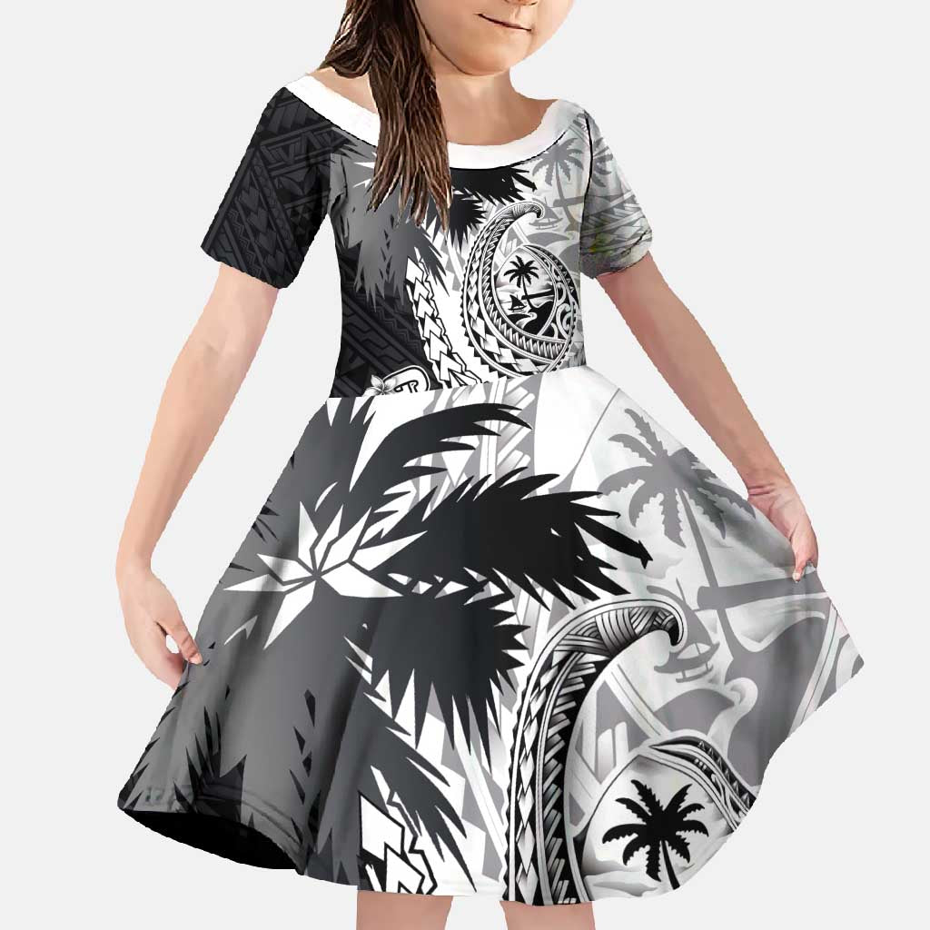 Hafa Adai Guam Family Matching Mermaid Dress and Hawaiian Shirt Polynesian Palm Tree Tattoo Hibiscus and Plumeria Art LT03 Daughter's Dress Black - Polynesian Pride