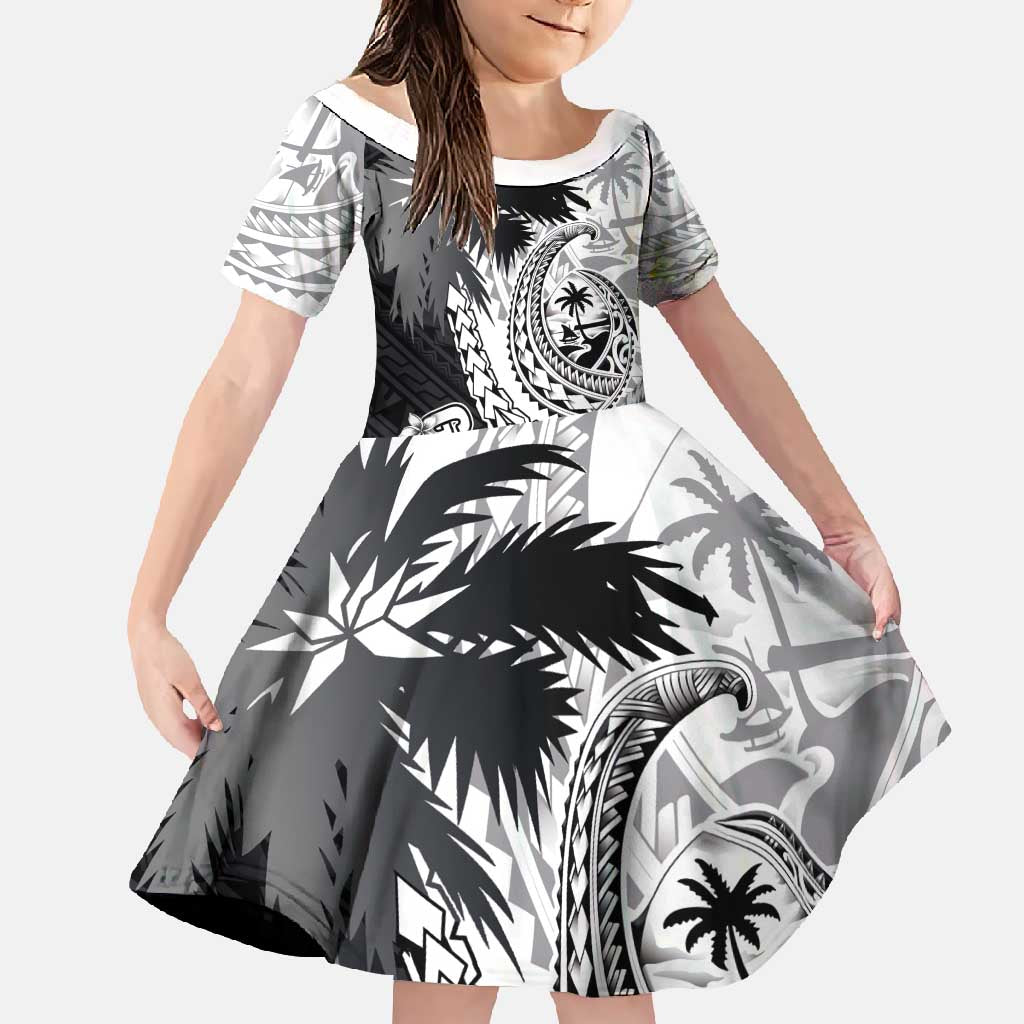 Hafa Adai Guam Family Matching Off Shoulder Maxi Dress and Hawaiian Shirt Polynesian Palm Tree Tattoo Hibiscus and Plumeria Art LT03 Daughter's Dress Black - Polynesian Pride