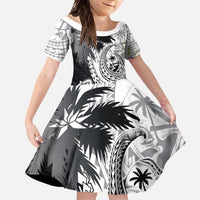 Hafa Adai Guam Family Matching Off Shoulder Maxi Dress and Hawaiian Shirt Polynesian Palm Tree Tattoo Hibiscus and Plumeria Art LT03 Daughter's Dress Black - Polynesian Pride