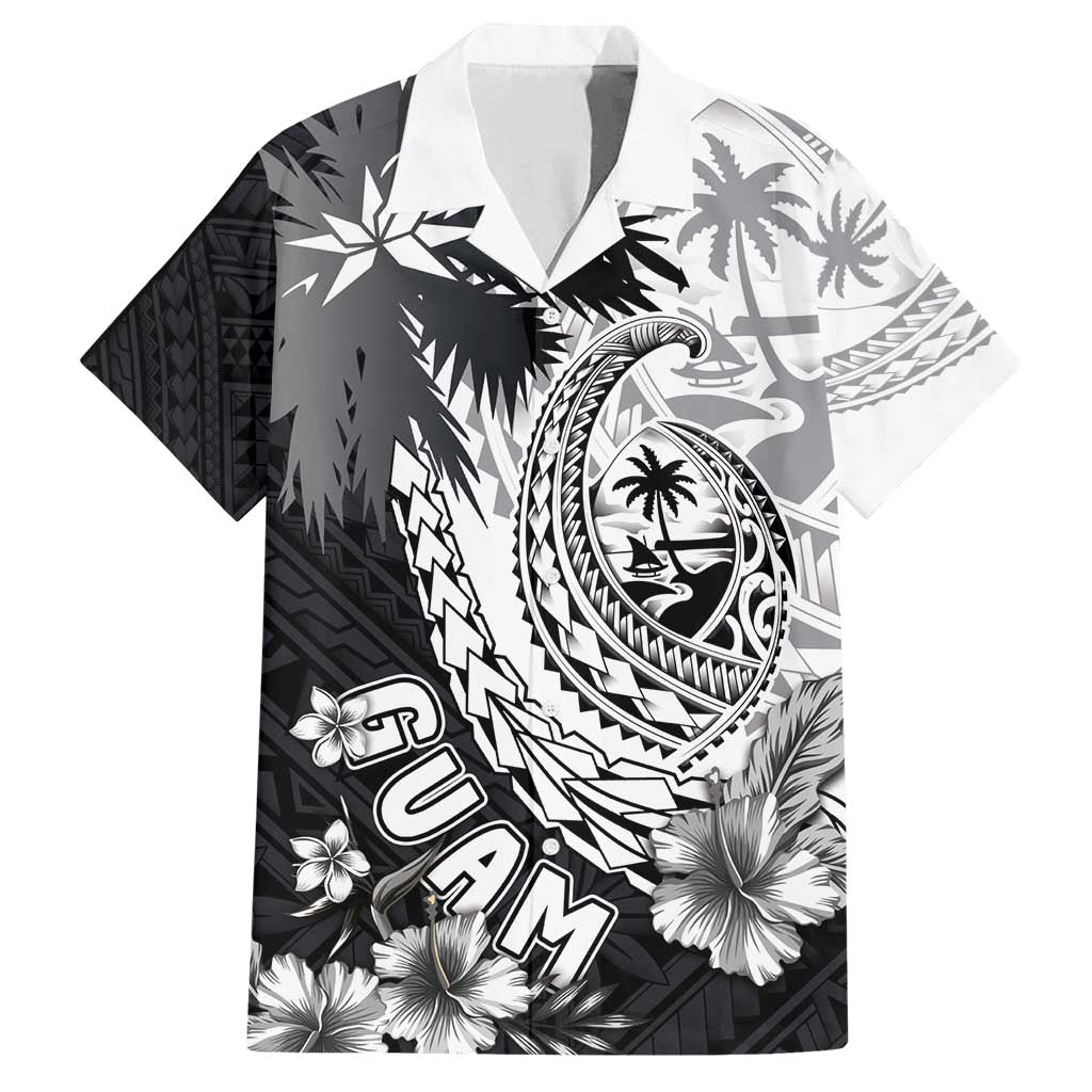 Hafa Adai Guam Family Matching Off Shoulder Maxi Dress and Hawaiian Shirt Polynesian Palm Tree Tattoo Hibiscus and Plumeria Art LT03 Dad's Shirt - Short Sleeve Black - Polynesian Pride
