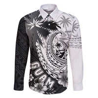 Hafa Adai Guam Family Matching Off Shoulder Maxi Dress and Hawaiian Shirt Polynesian Palm Tree Tattoo Hibiscus and Plumeria Art LT03 Dad's Shirt - Long Sleeve Black - Polynesian Pride