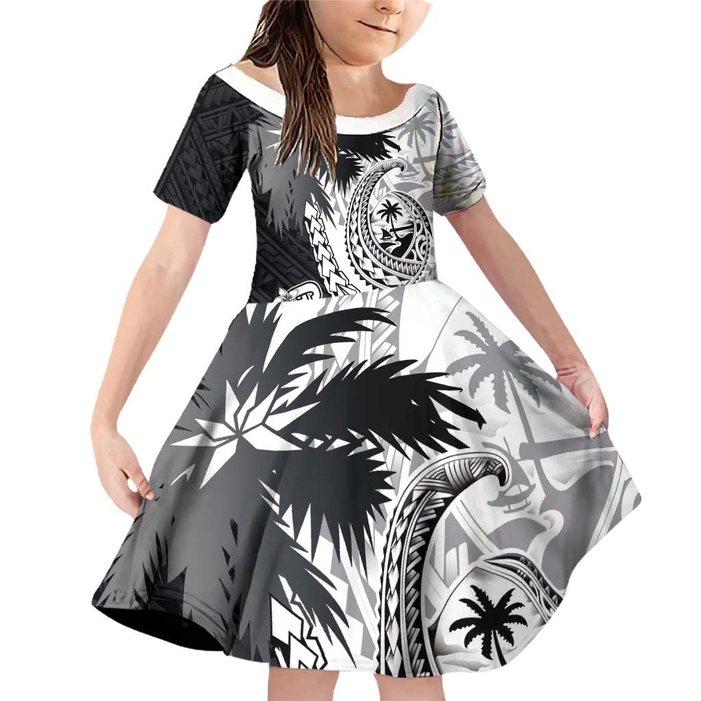 Hafa Adai Guam Family Matching Off Shoulder Short Dress and Hawaiian Shirt Polynesian Palm Tree Tattoo Hibiscus and Plumeria Art LT03 Daughter's Dress Black - Polynesian Pride