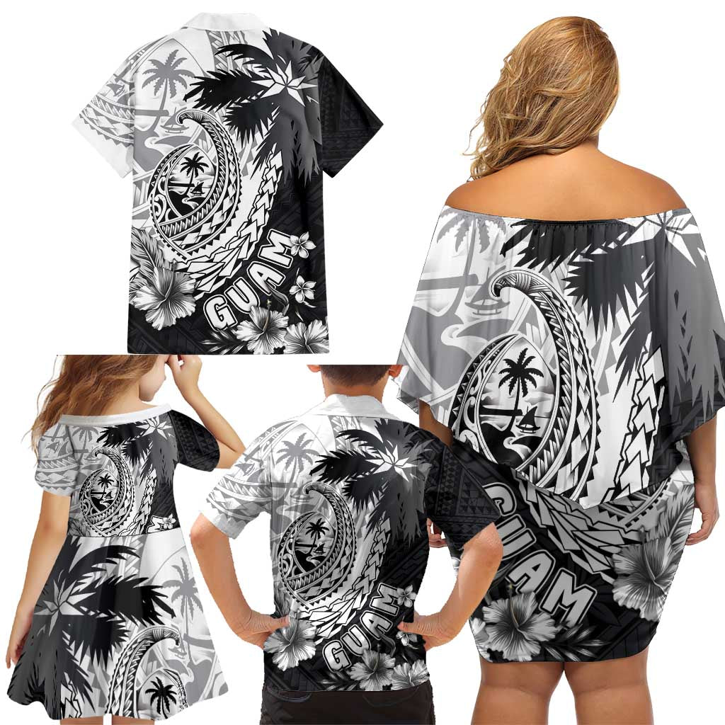 Hafa Adai Guam Family Matching Off Shoulder Short Dress and Hawaiian Shirt Polynesian Palm Tree Tattoo Hibiscus and Plumeria Art LT03 - Polynesian Pride