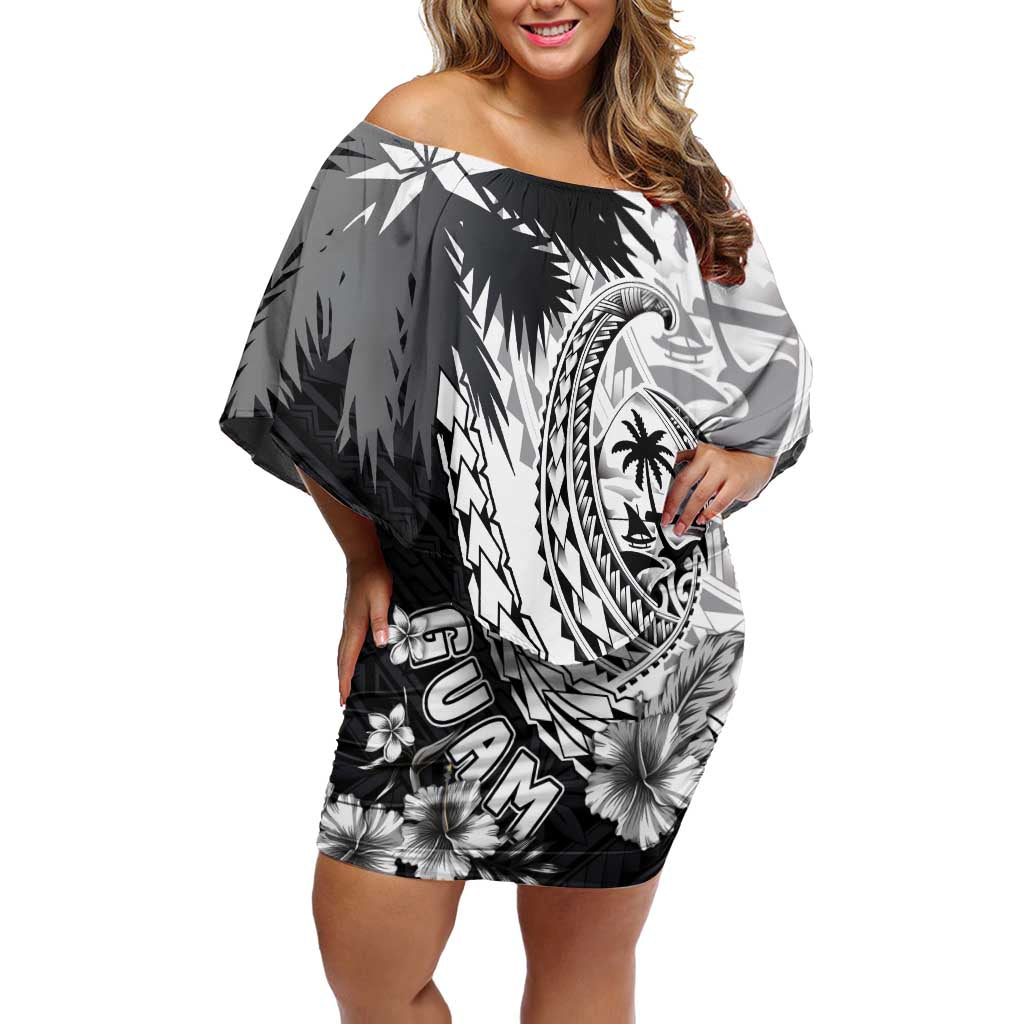 Hafa Adai Guam Family Matching Off Shoulder Short Dress and Hawaiian Shirt Polynesian Palm Tree Tattoo Hibiscus and Plumeria Art LT03 Mom's Dress Black - Polynesian Pride