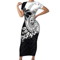 Hafa Adai Guam Family Matching Short Sleeve Bodycon Dress and Hawaiian Shirt Polynesian Palm Tree Tattoo Hibiscus and Plumeria Art LT03 Mom's Dress Black - Polynesian Pride