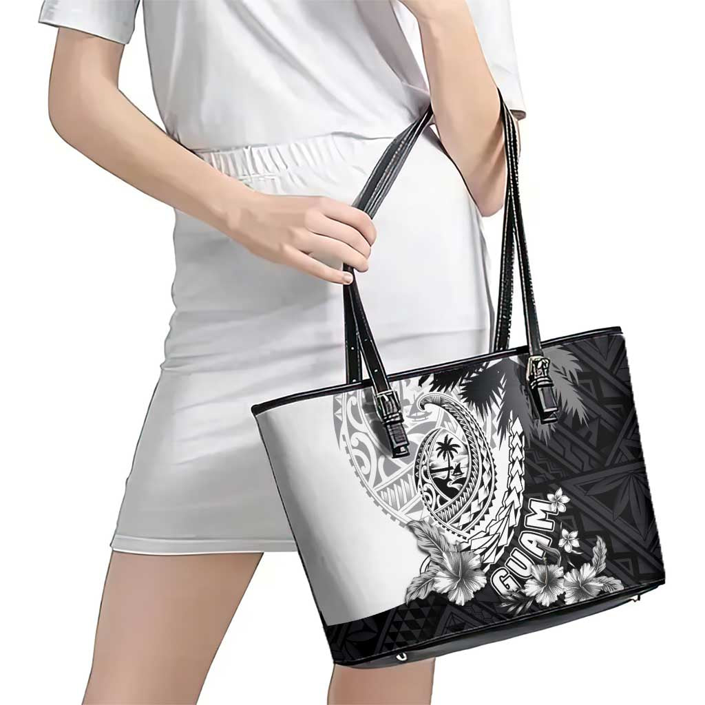 Hafa Adai Guam Leather Tote Bag Polynesian Palm Tree Tattoo Hibiscus and Plumeria Art